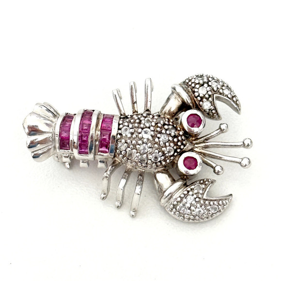 Vintage 925 Sterling Silver Ruby & White Topaz Lobster Brooch Pin Pendant - Picture 1 of 10